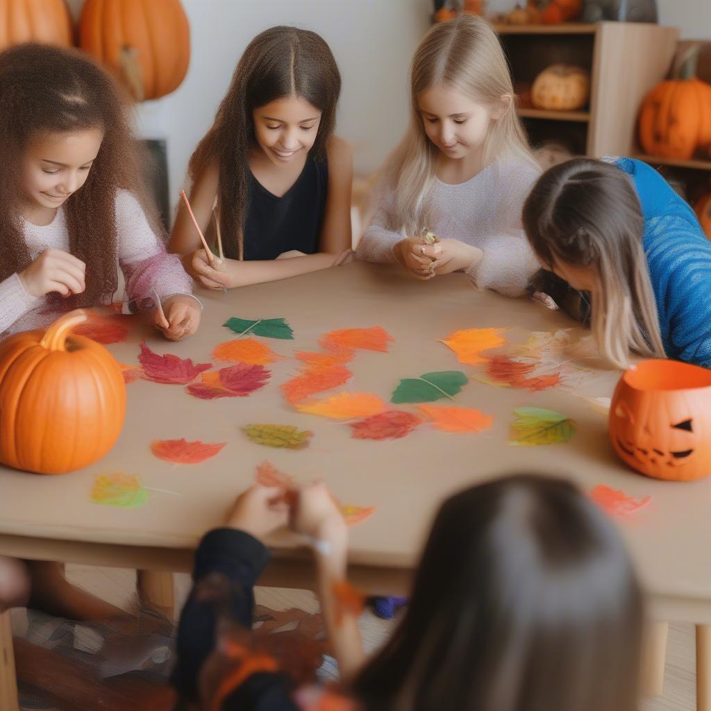 Kids decorating non-woven polypropylene bags for fall with autumn leaves and paint.