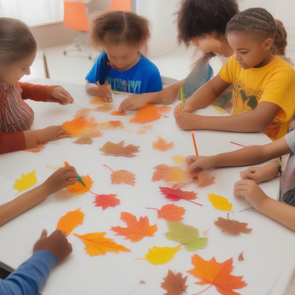 Children decorating non-woven polypropylene bags with fall leaves