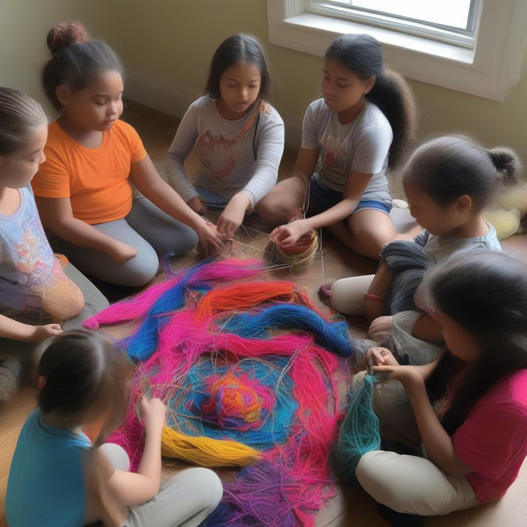 Children learning basket weaving with colorful yarn