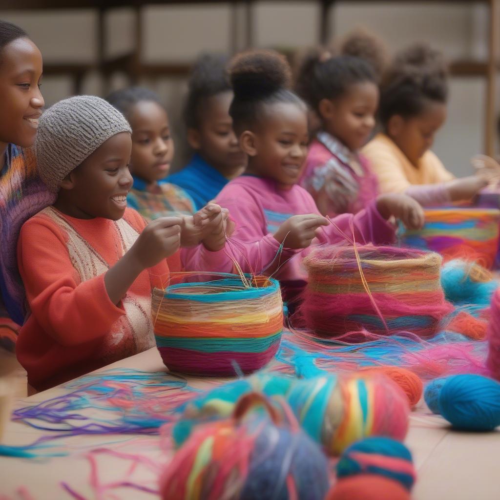 Children engaged in a basket weaving activity using brightly colored materials