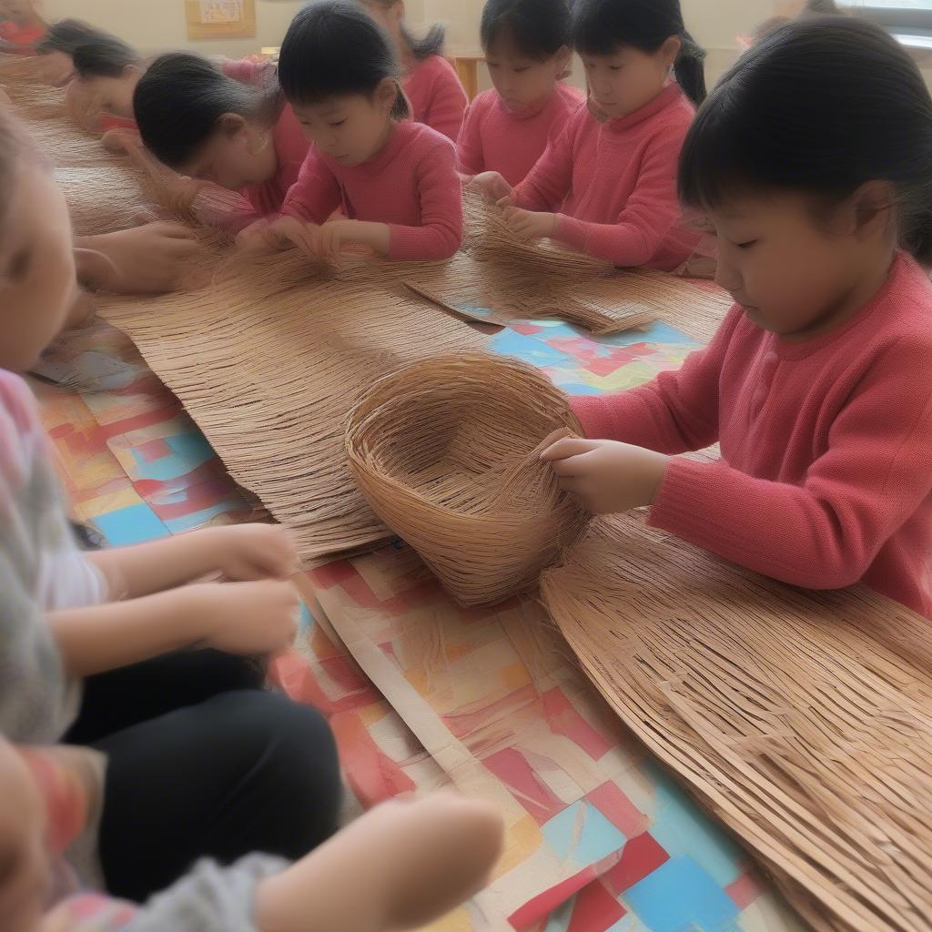 Children weaving the sides of a paper basket