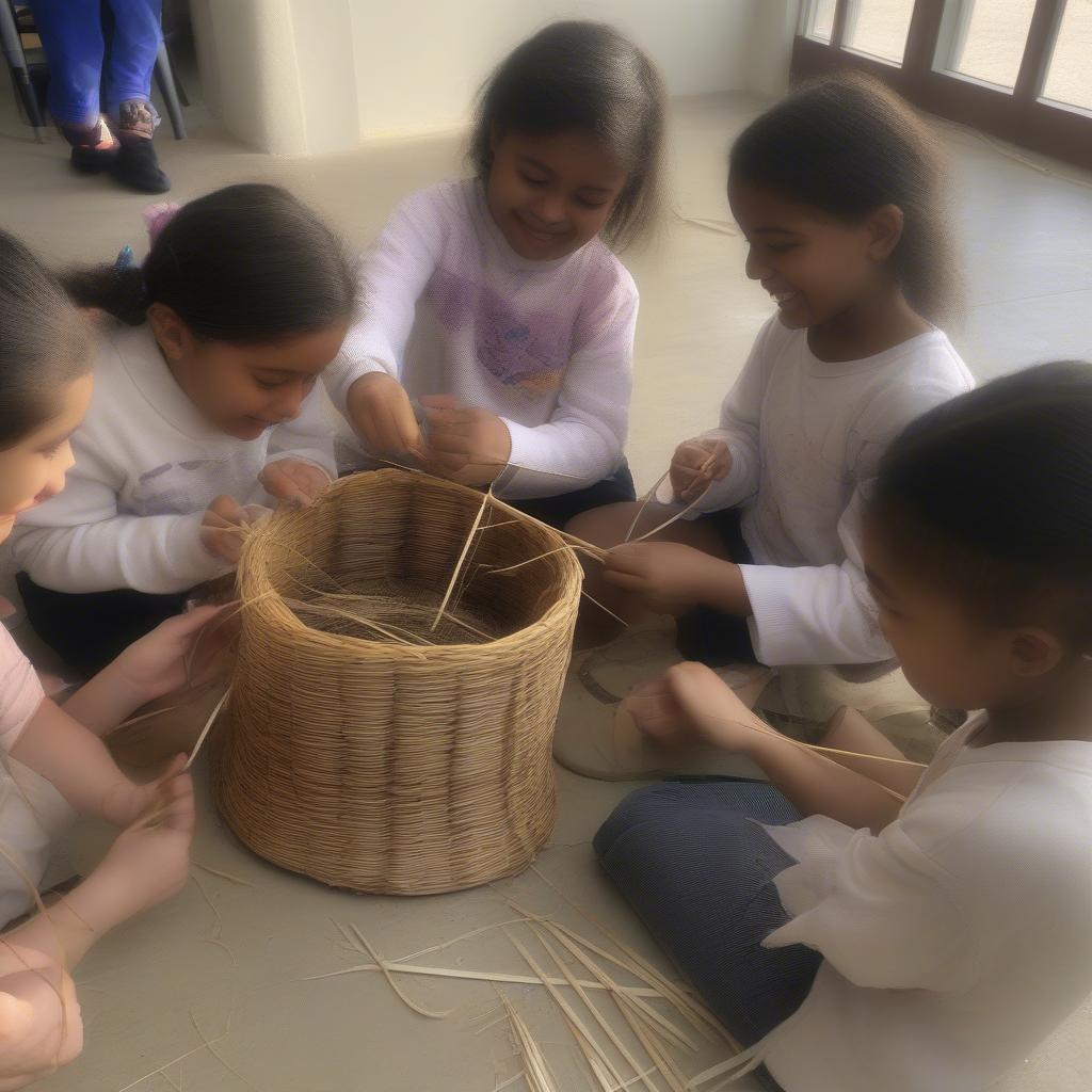 Children weaving a reed basket together