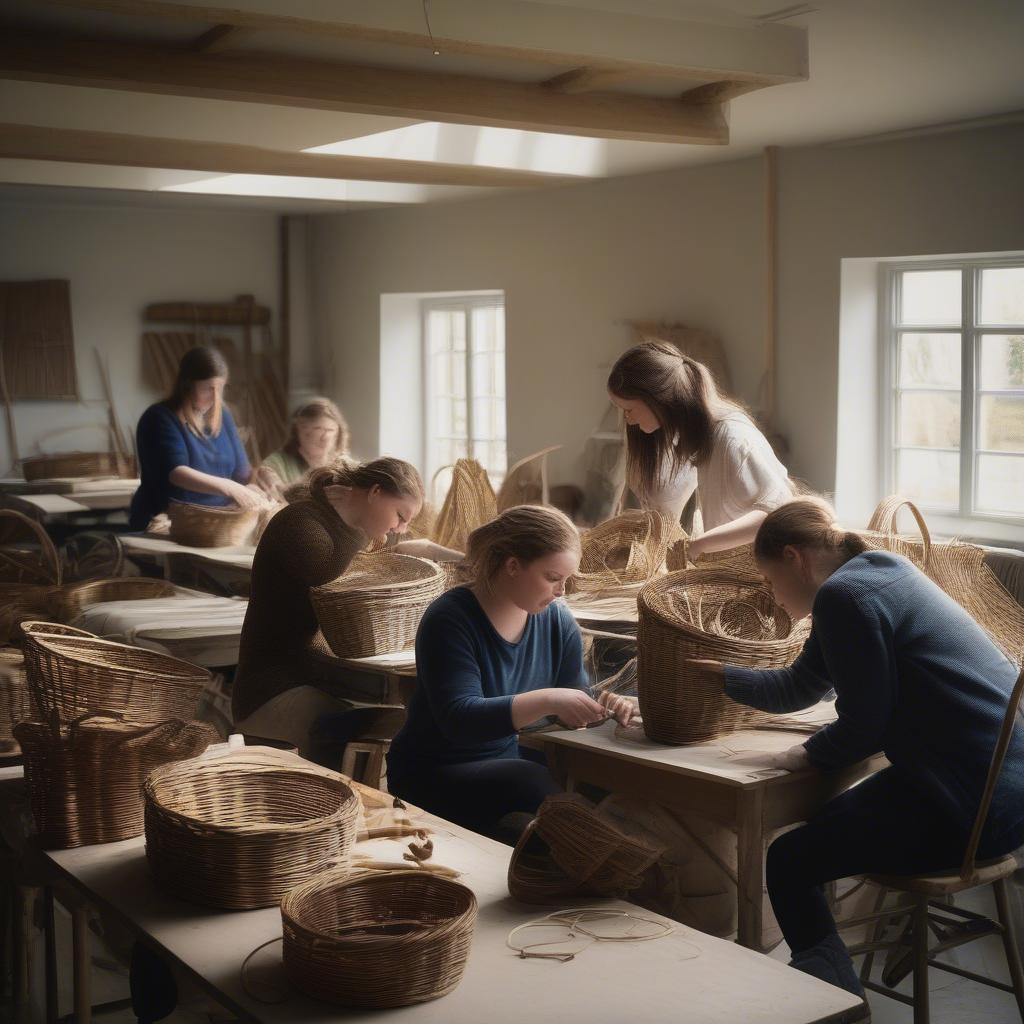 Students learning basket weaving in a Kilkenny workshop