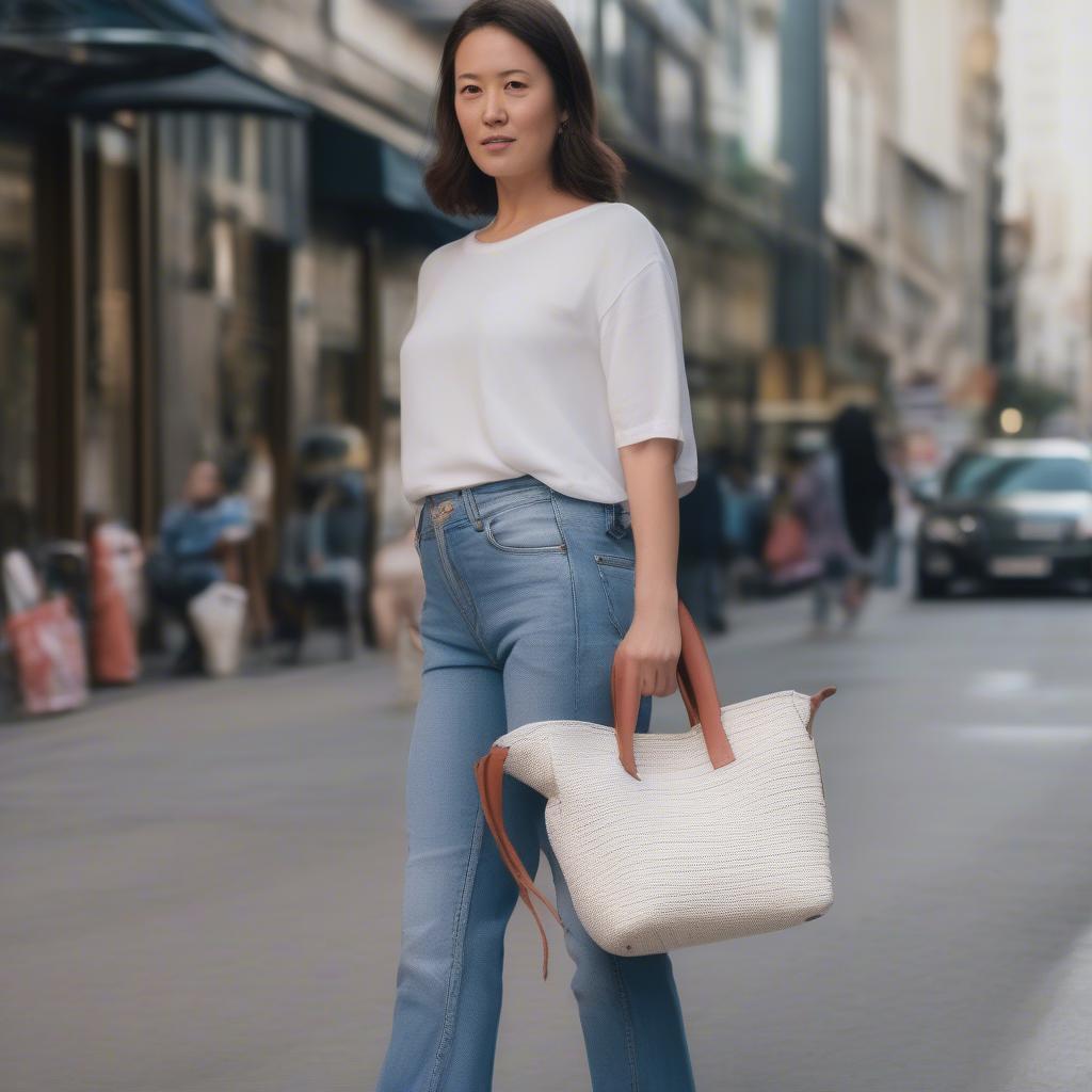 Kira woven satin bag styled with a casual outfit of jeans, a t-shirt, and sandals.