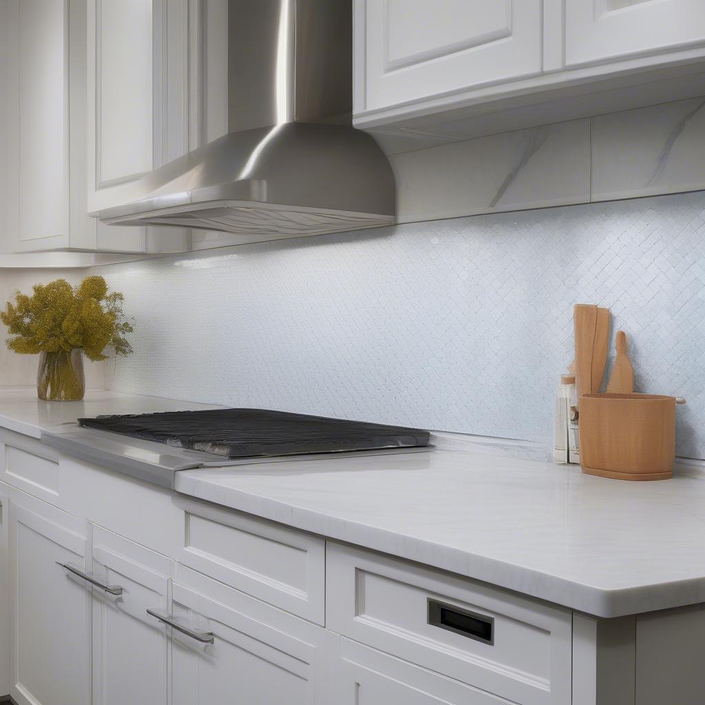 Kitchen backsplash featuring Thassos Blue Celeste Basket Weave Marble Mosaic