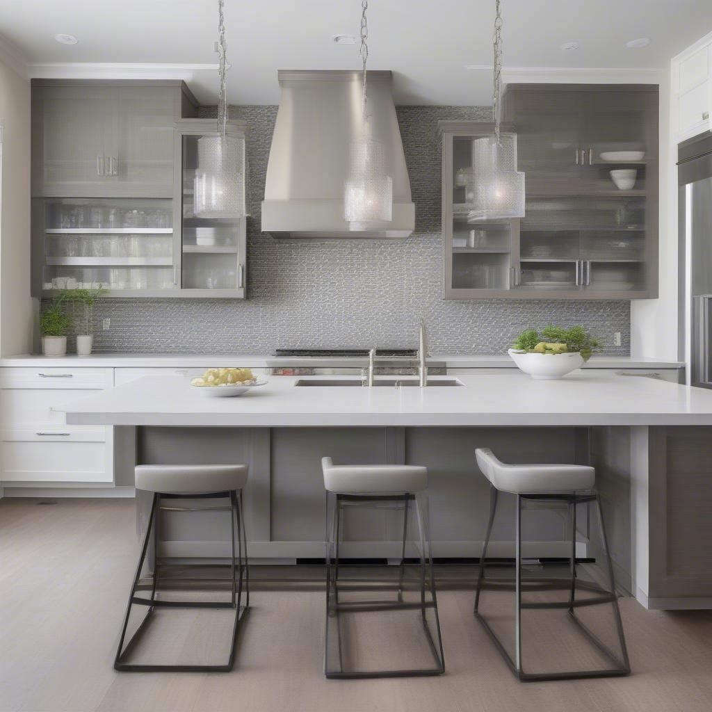 Modern kitchen featuring a white and gray basket weave backsplash and stainless steel appliances.