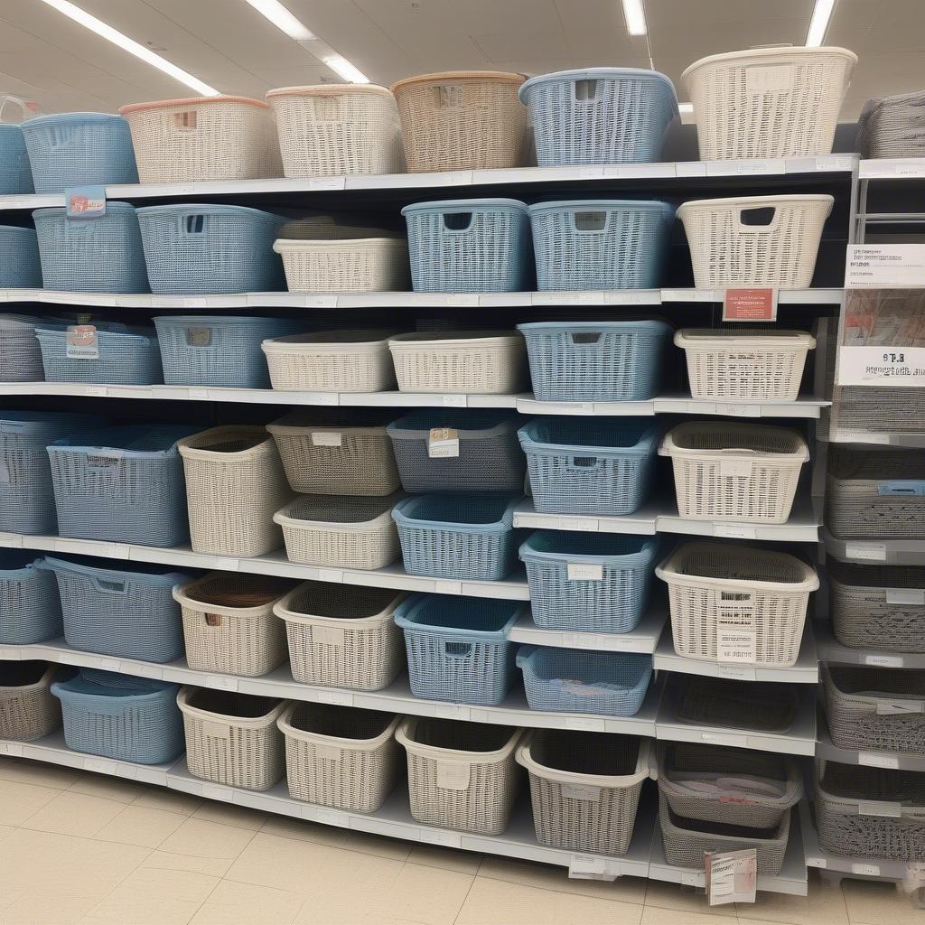 A display of open weave laundry baskets at a Kmart store.