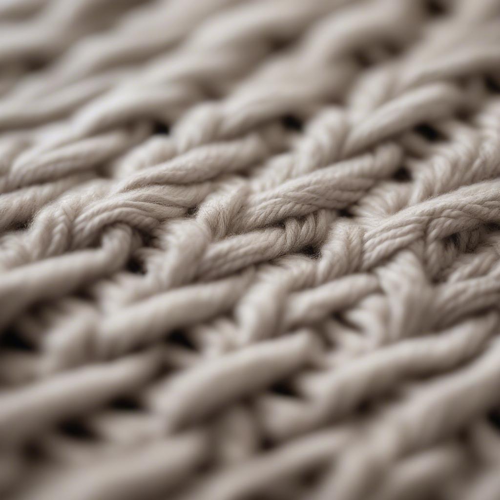 Close-up view of a knitted basket weave throw, showcasing the textured stitch pattern and soft yarn.