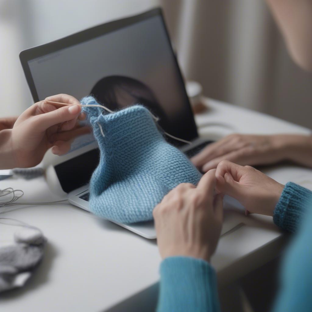 A knitter following a Vimeo tutorial on their laptop