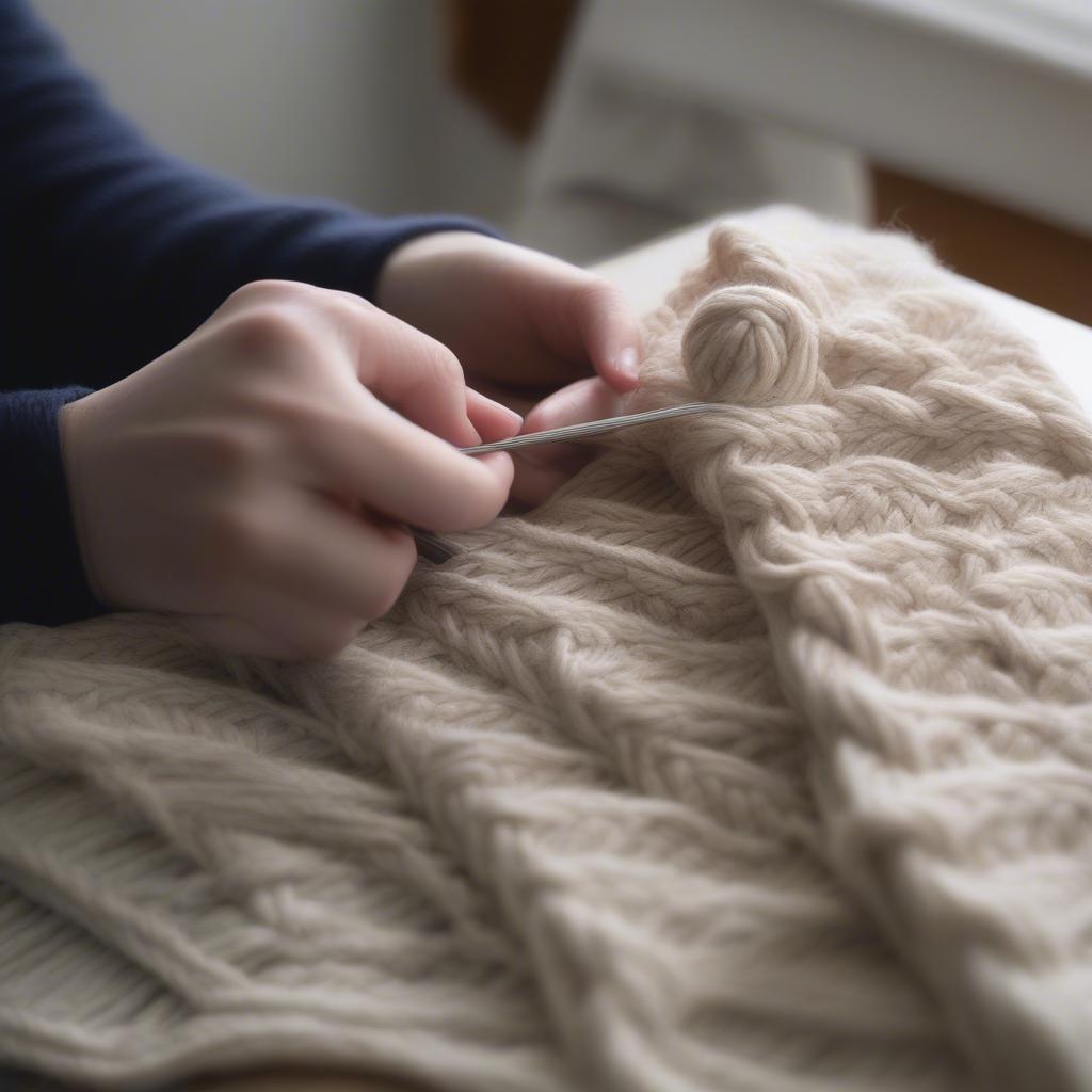 A knitter working on a basket weave scarf