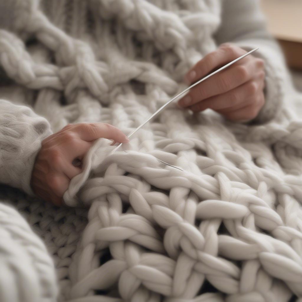 A person knitting a basket weave chunky knit blanket with large needles and thick yarn.