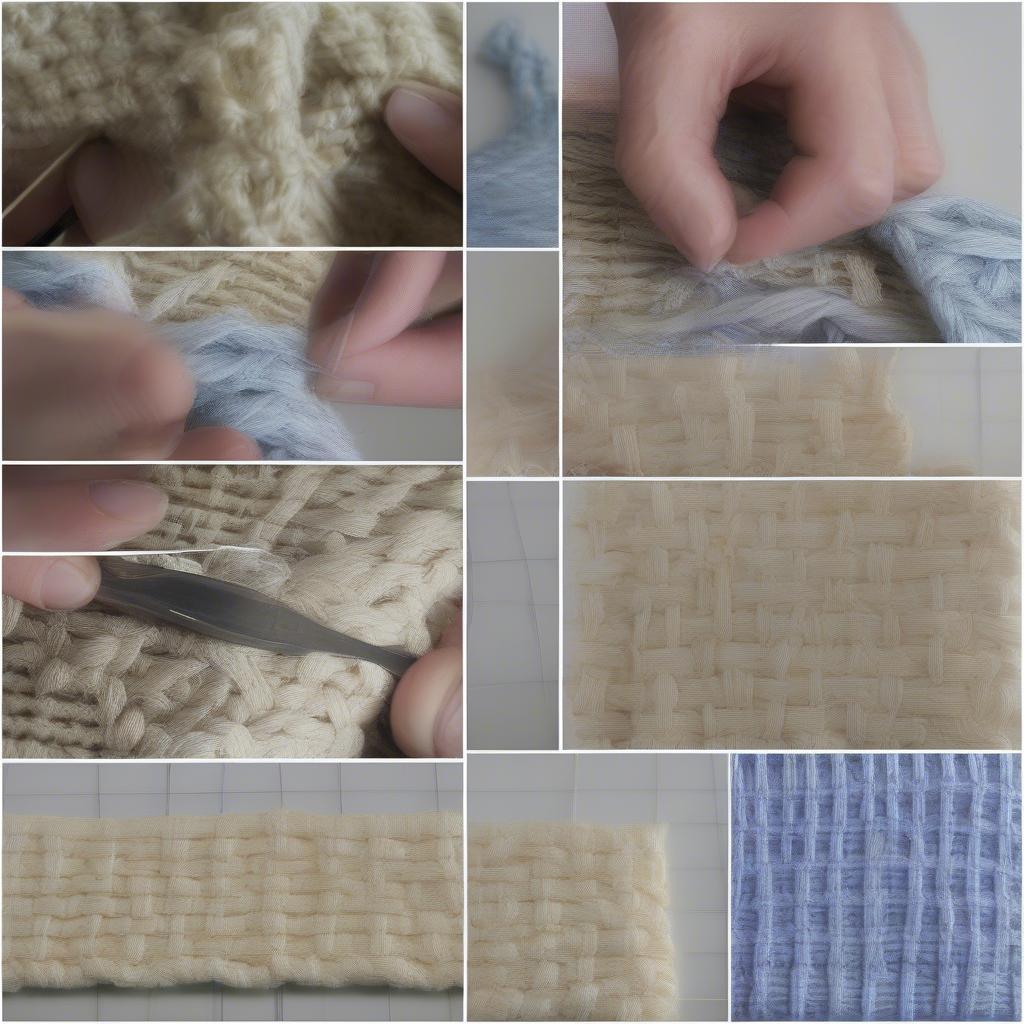 Step-by-step process of knitting a basket weave afghan, showing the needles, yarn, and the forming fabric.