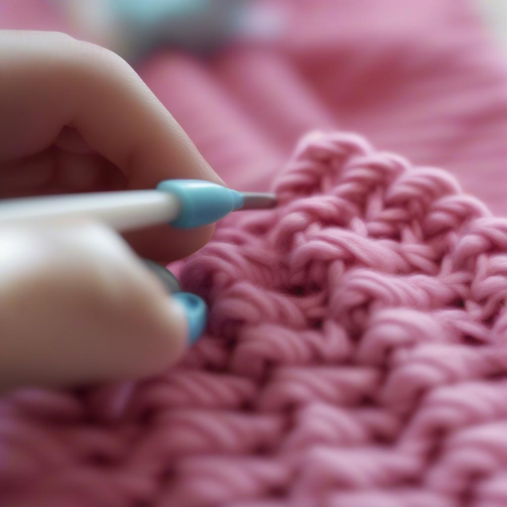 A knitter working on a basket weave baby blanket, using stitch markers