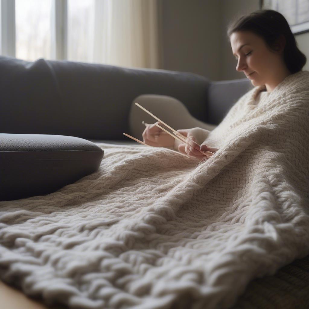 Person knitting a basket weave blanket