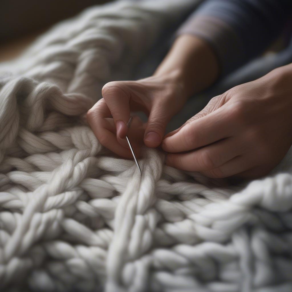 Knitter working on a basket weave blanket, showcasing the work in progress.