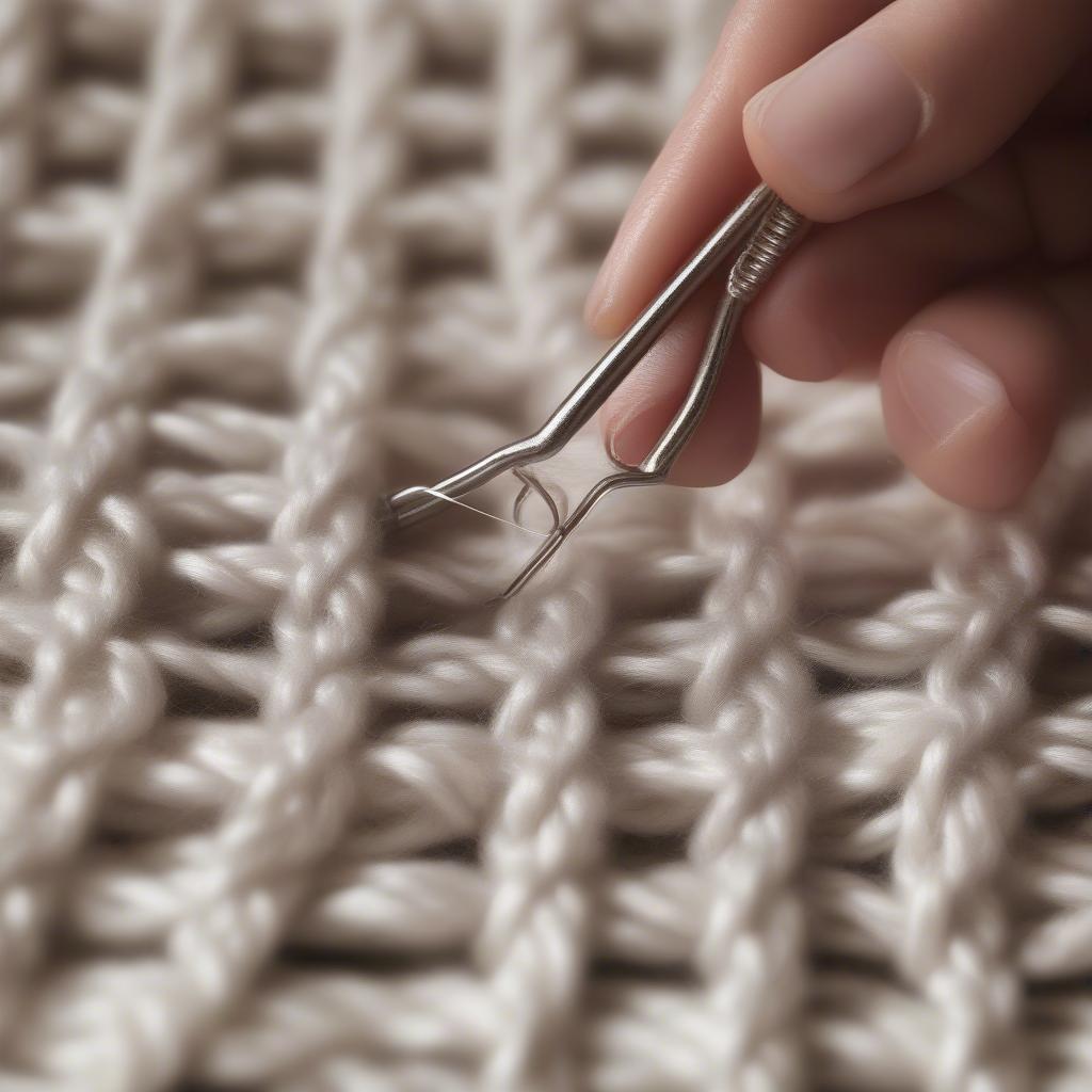 Knitting a basket weave blanket with stitch markers to track progress and prevent errors.