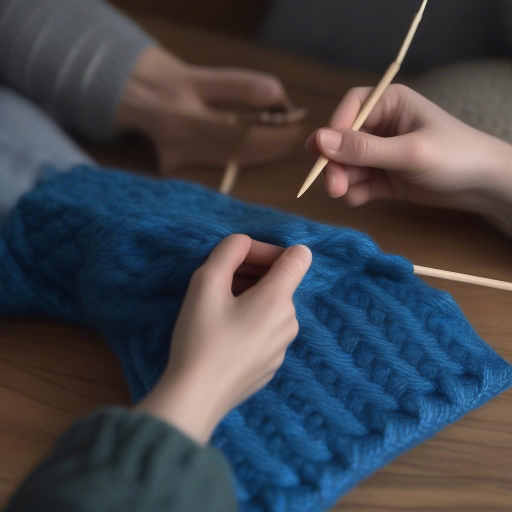 Hands knitting a basket weave cowl, showing work in progress.