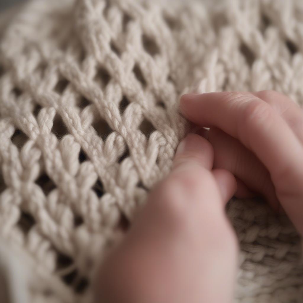 Hands knitting a basket weave dishcloth using cotton yarn and needles