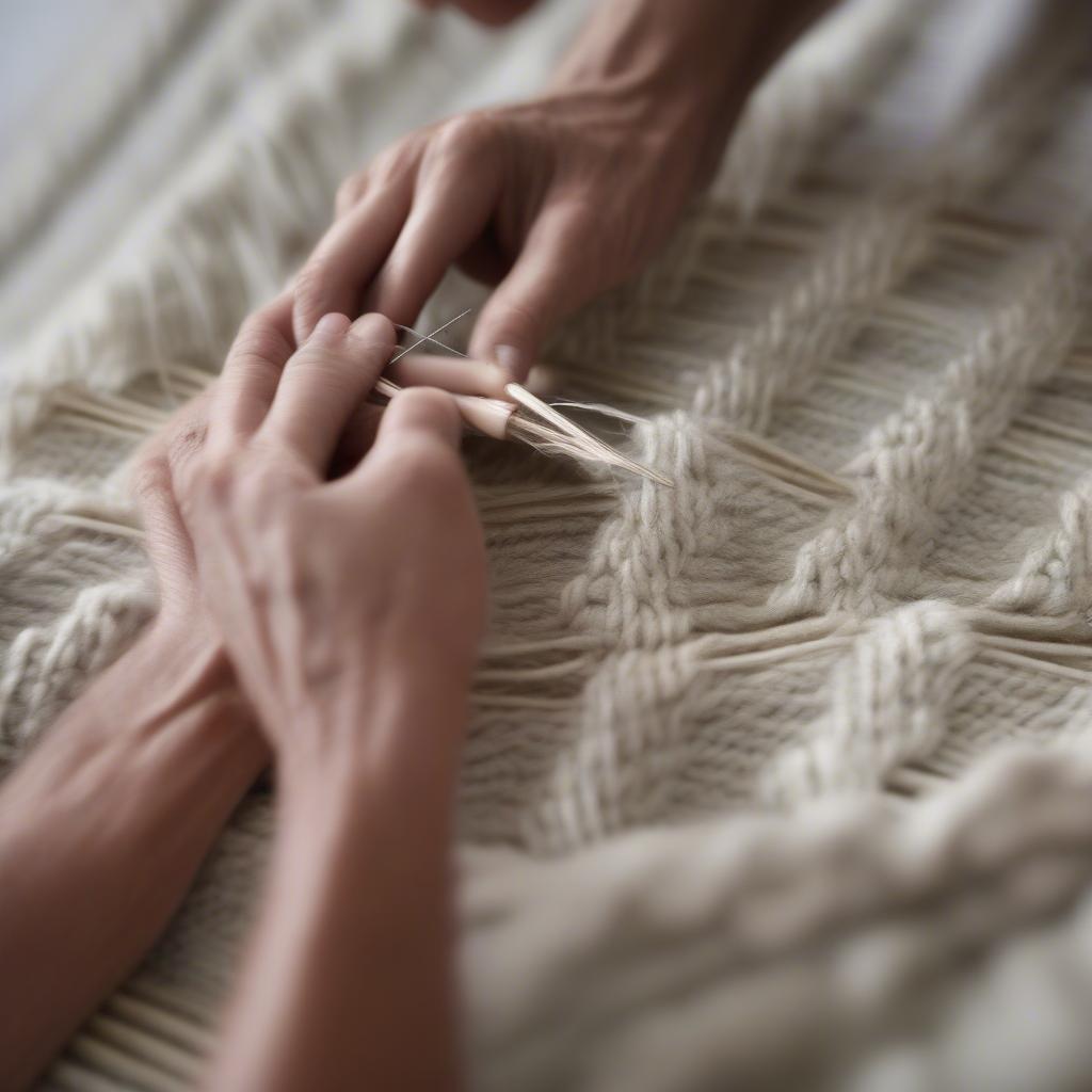 Hands knitting a basket weave pattern