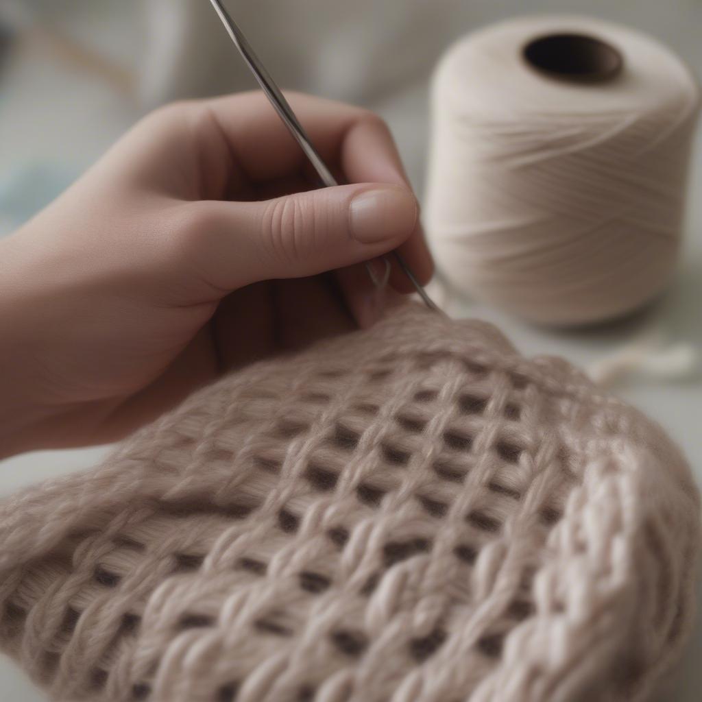 A knitter's hands demonstrating the basket weave stitch