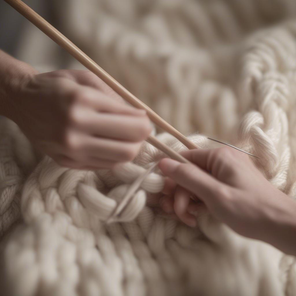 Hands knitting a basket weave stitch pattern using wooden needles and cream-colored yarn.