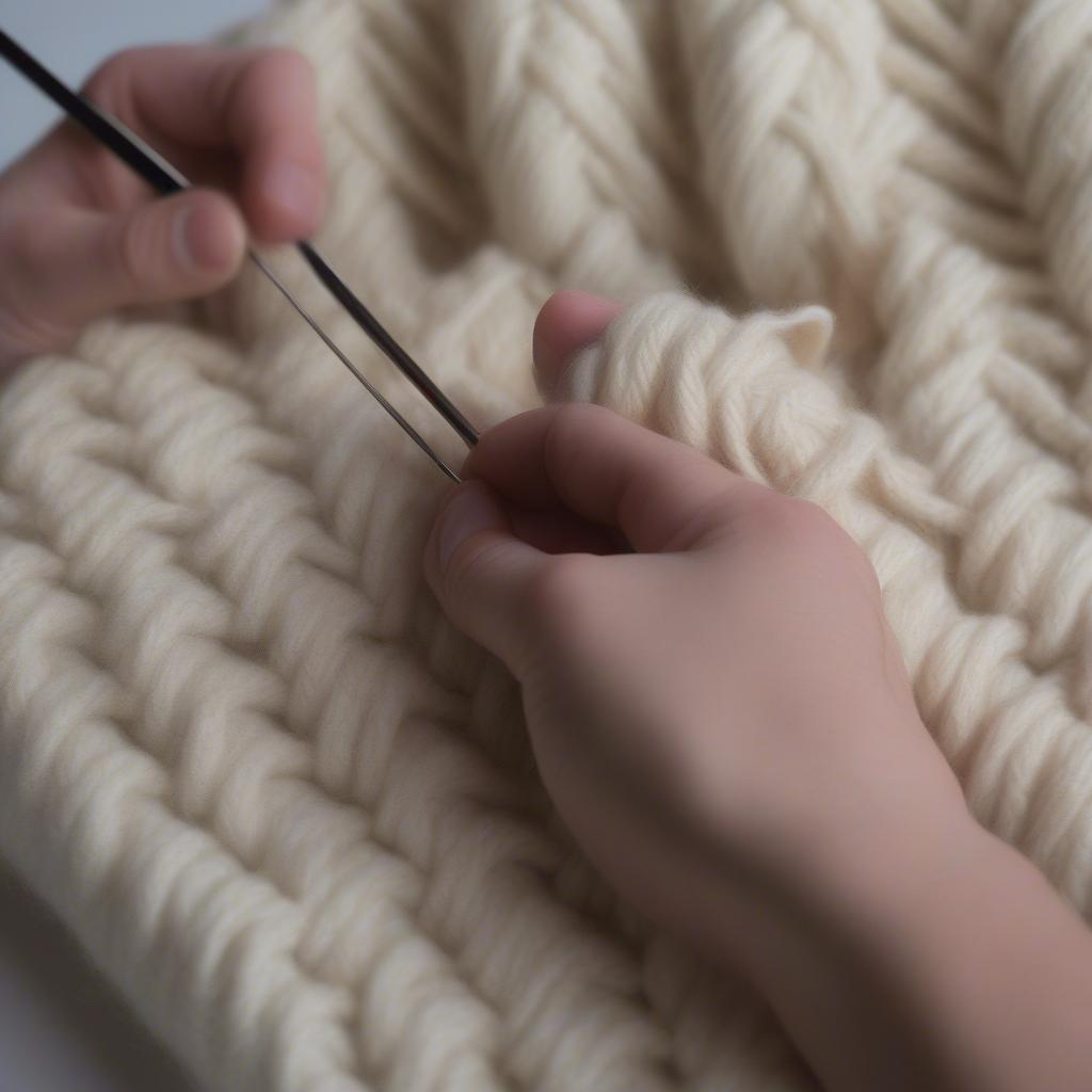 Hands knitting a diagonal basket weave stitch.