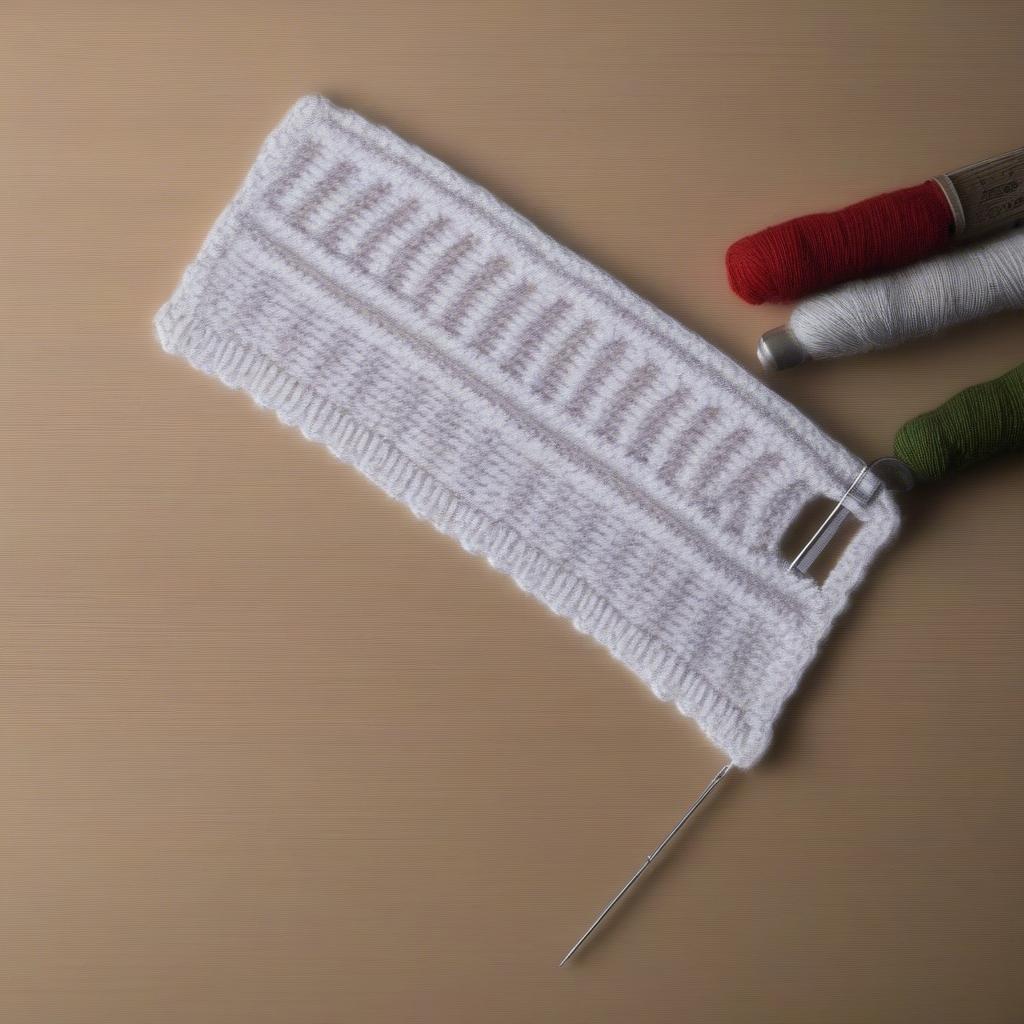 Knitting gauge swatch being measured with a ruler