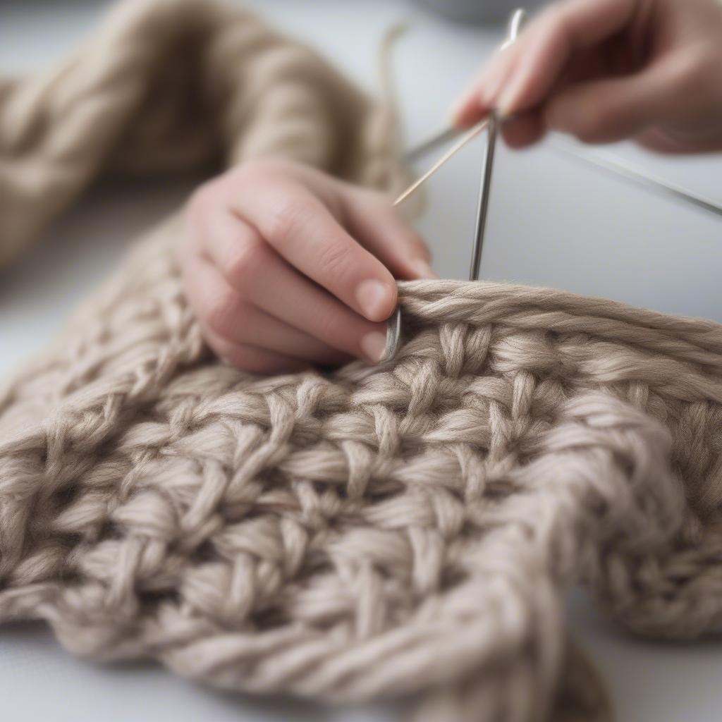 Hands knitting the my picot basket weave stitch, demonstrating the technique.