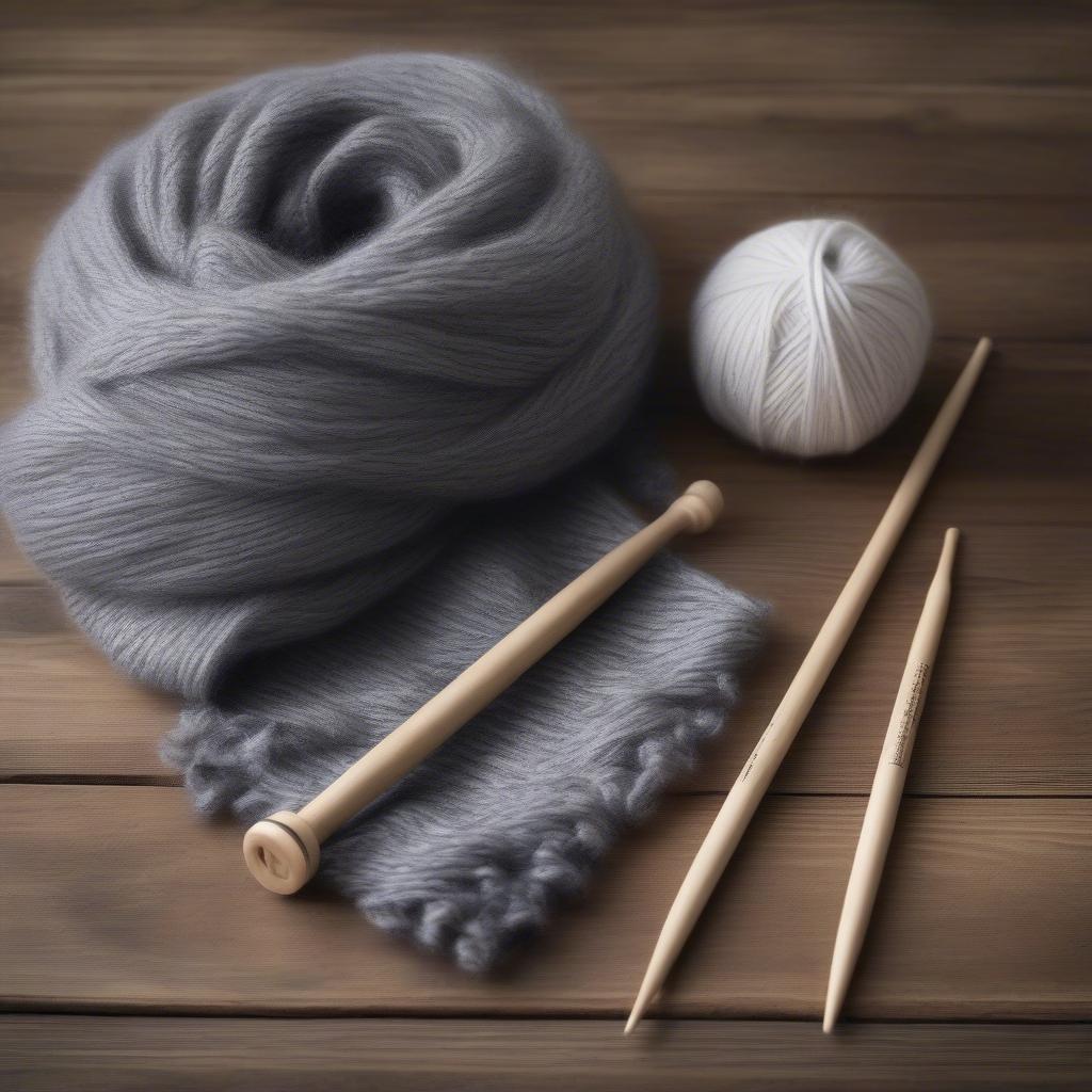 Knitting needles and flannel yarn ready for a basket weave scarf project