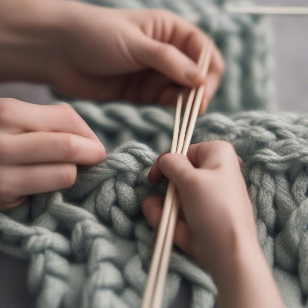 Close-up of knitting needles and yarn in progress, demonstrating the basket weave stitch