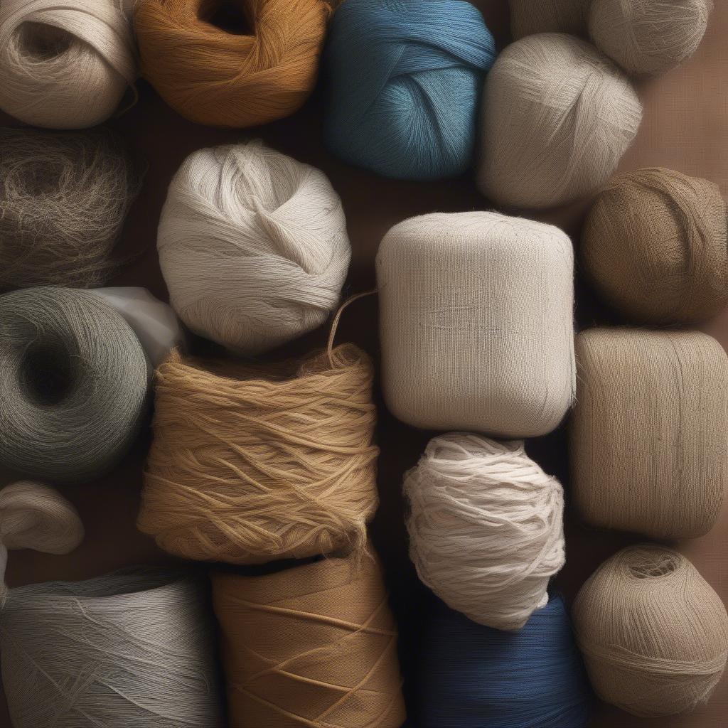 Variety of natural fibers used in knot weave bags, including cotton, linen, jute, hemp, and recycled plastic.