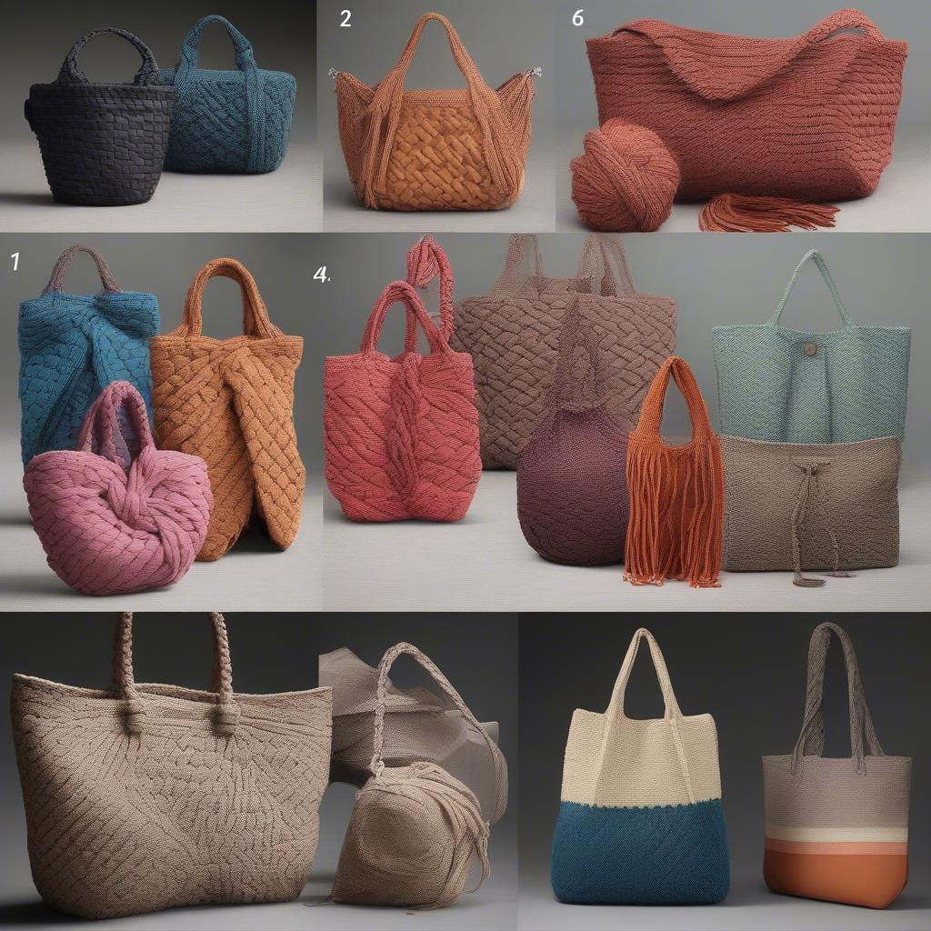 Different styles of knot weave bags, including market bags, crossbody bags, clutches, and totes.