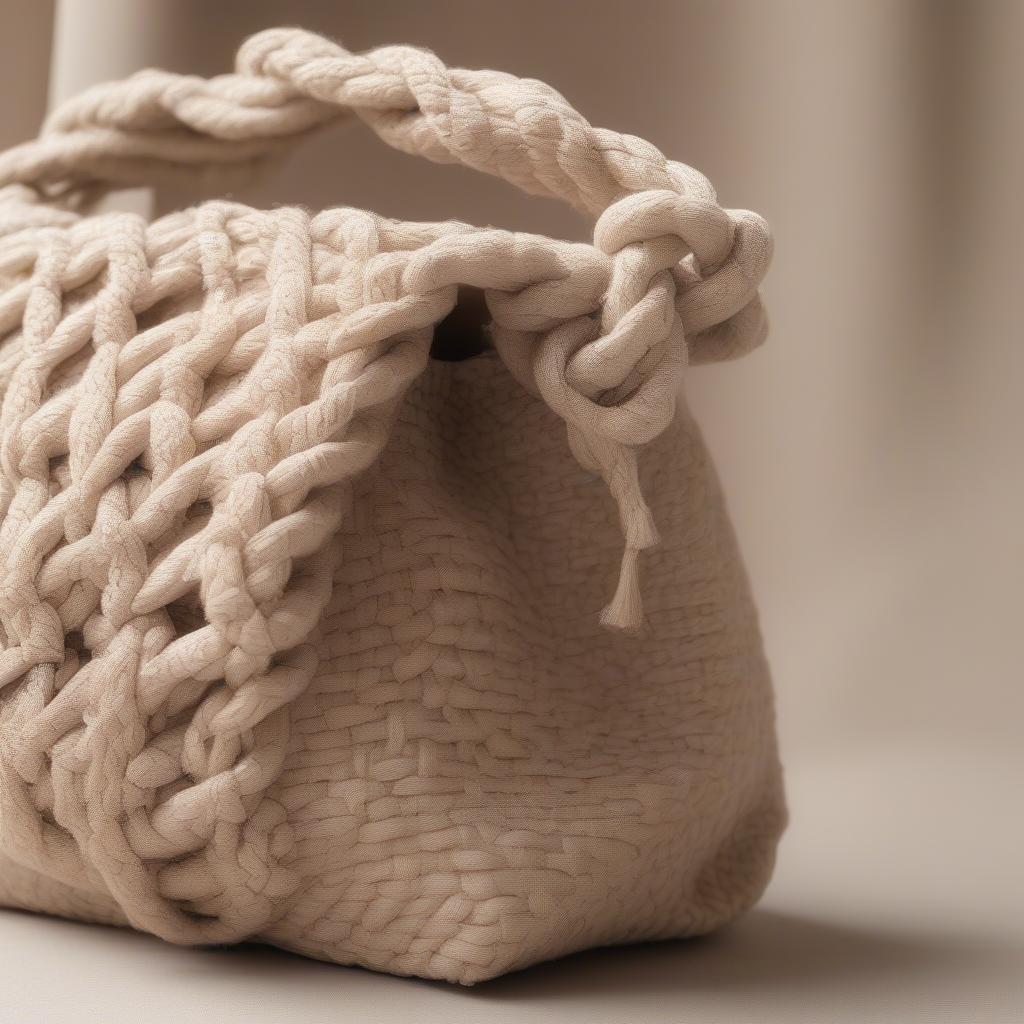 Knot woven shoulder bag made from natural fibers like jute or sisal