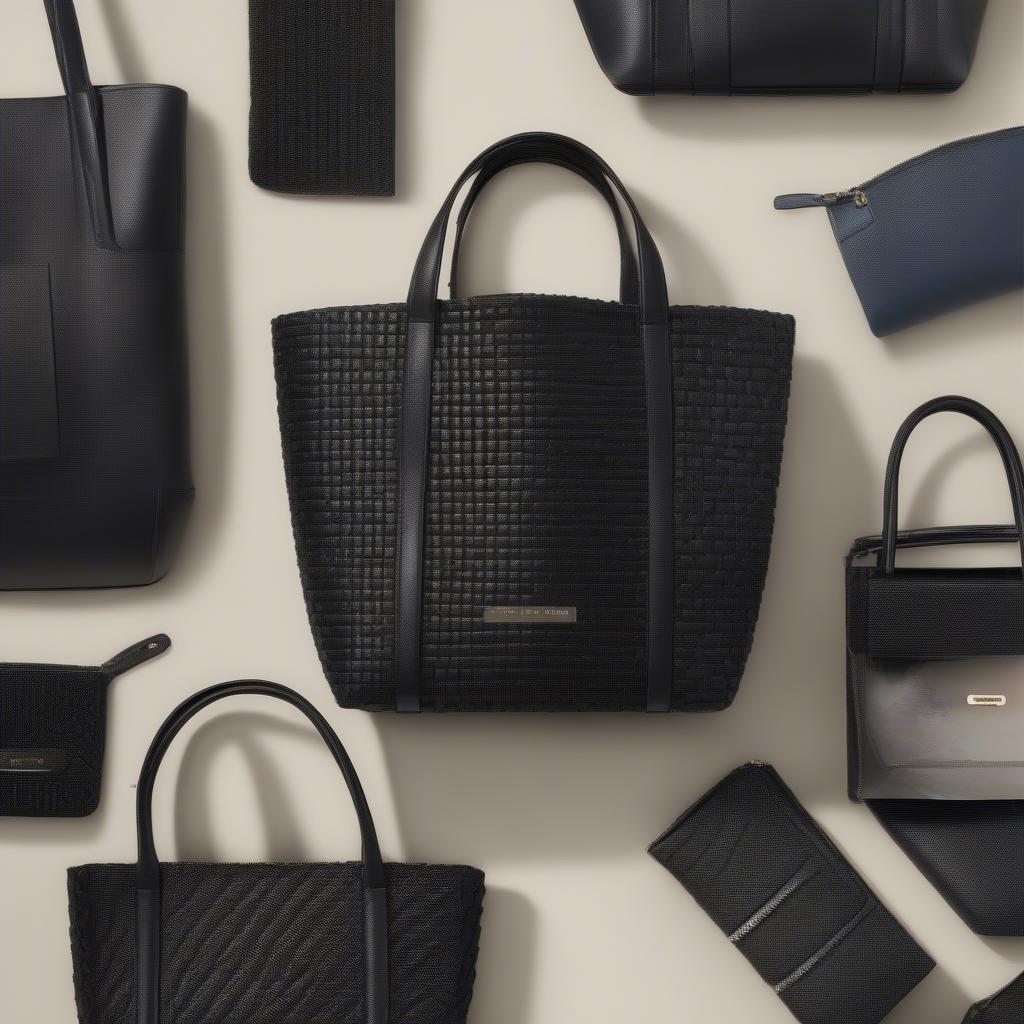 A collage showcasing different styles and variations of the Kurt Geiger black woven effect tote bag, including different sizes, handle styles, and added details.