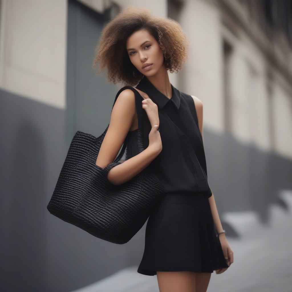 A stylish outfit featuring the Kurt Geiger black woven effect tote bag, demonstrating its versatility and how it complements various styles.