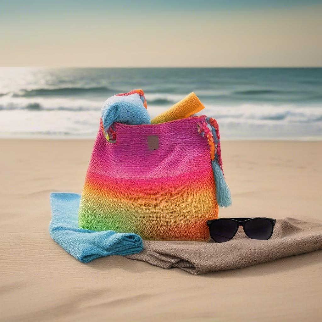 A colorful laminated woven beach bag on the sand