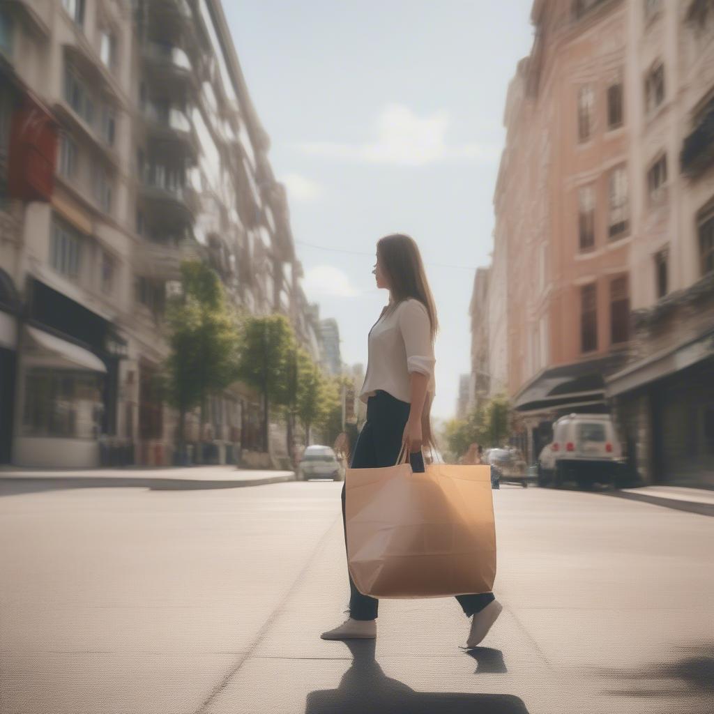 A woman carrying a stylish laminated woven shopping bag