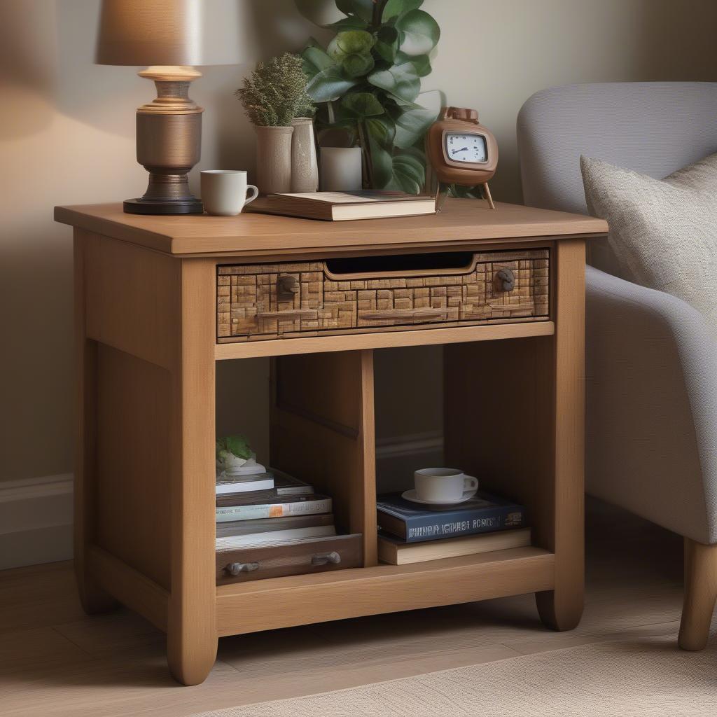 Lane End Table with Basket Weave Drawer in a Living Room Setting