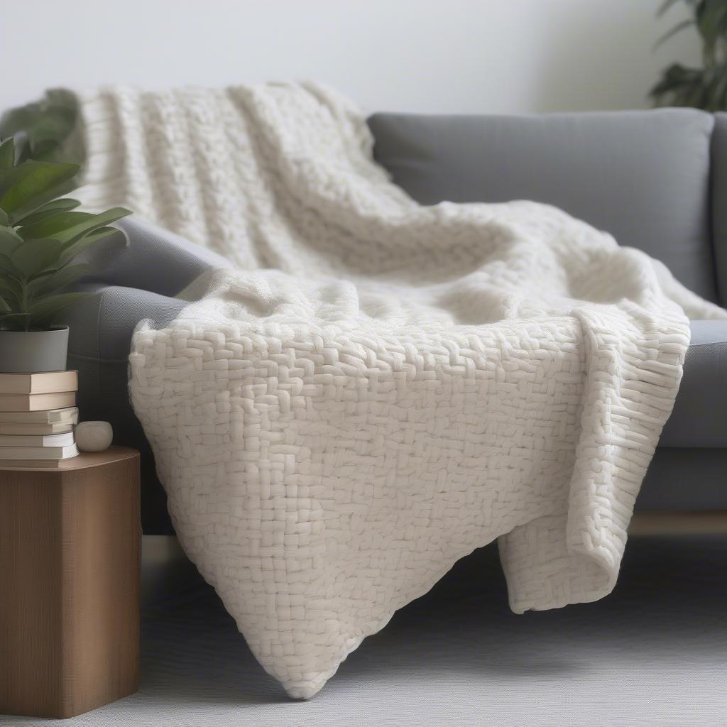 Large basket weave blanket draped over a couch in a cozy living room