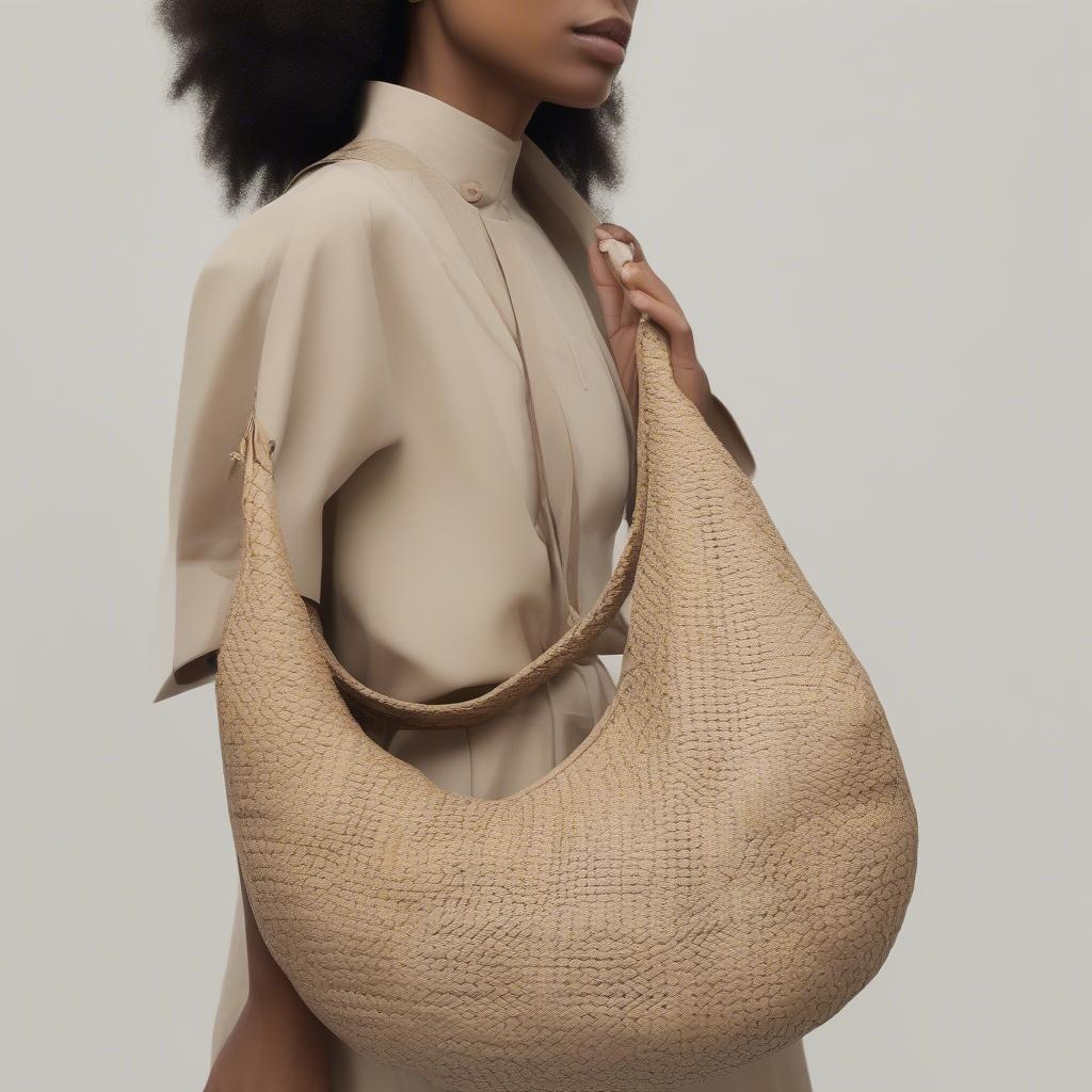 A model showcasing a large intrecciato woven medium hobo bag, highlighting its size and style.