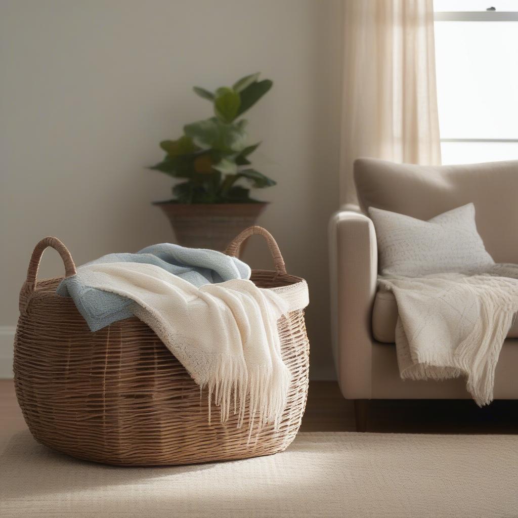 Large open weave basket used as a stylish storage solution in a living room