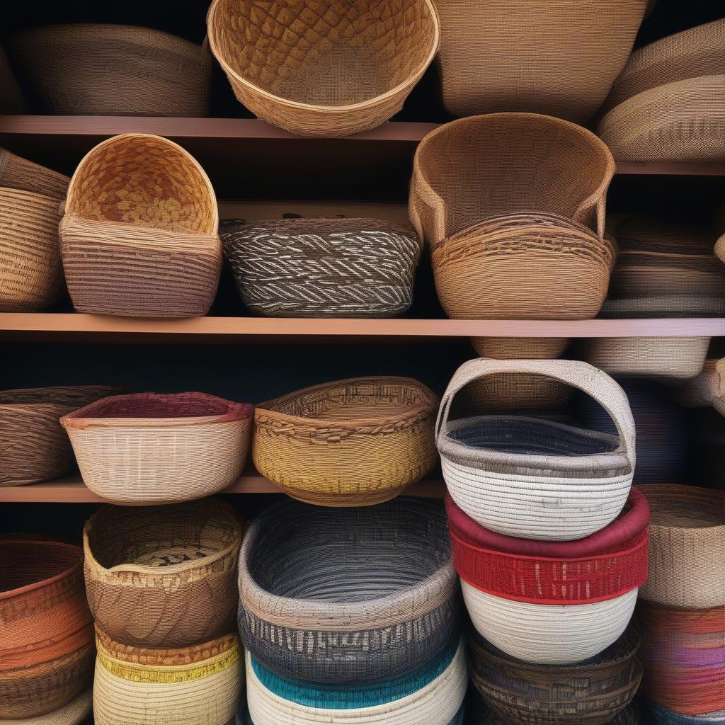 A variety of large open weave baskets displayed at a market stall.