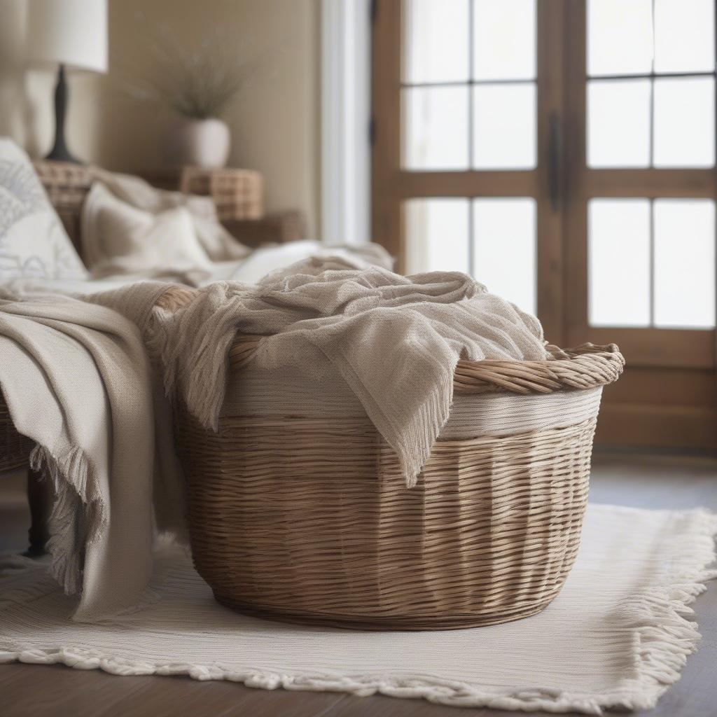 Large Open Weave Wicker Basket in a Living Room Setting