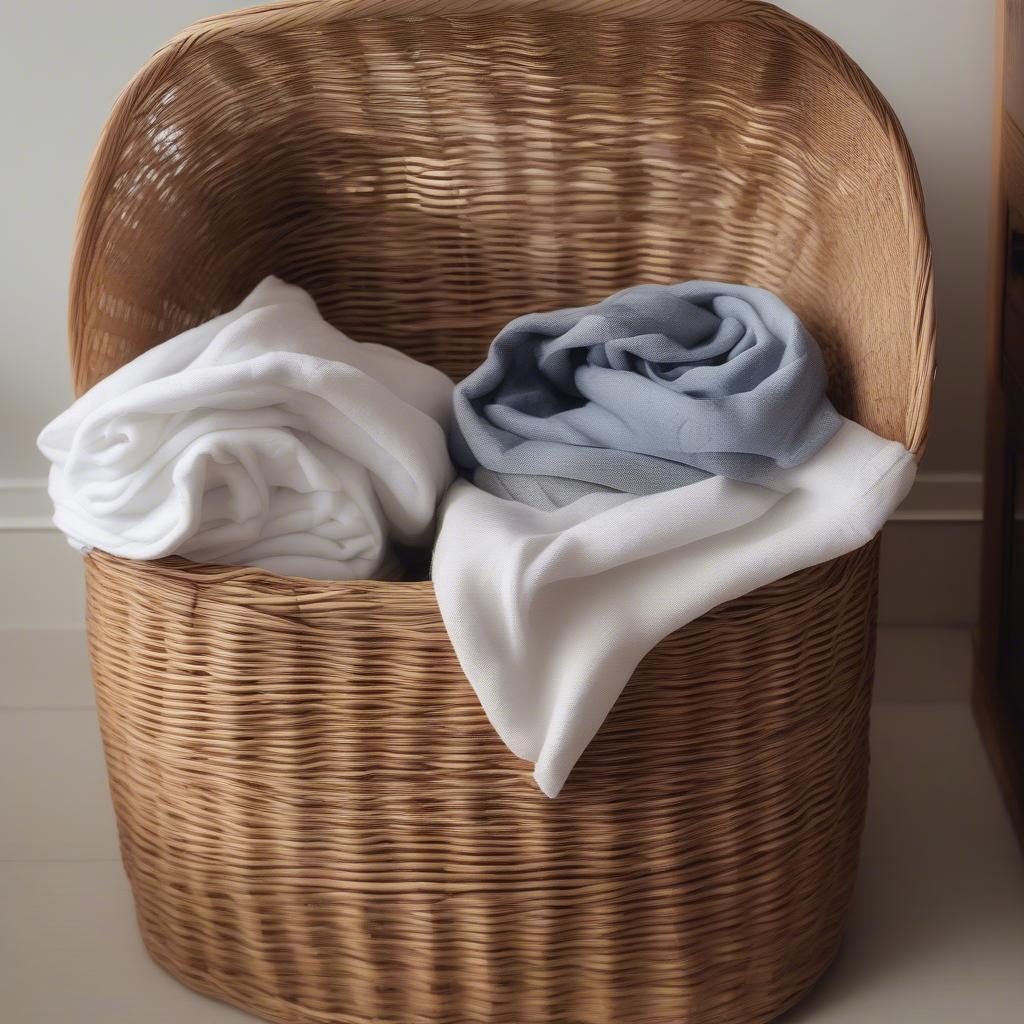 Large open weave wicker laundry basket in a natural finish, filled with folded laundry.