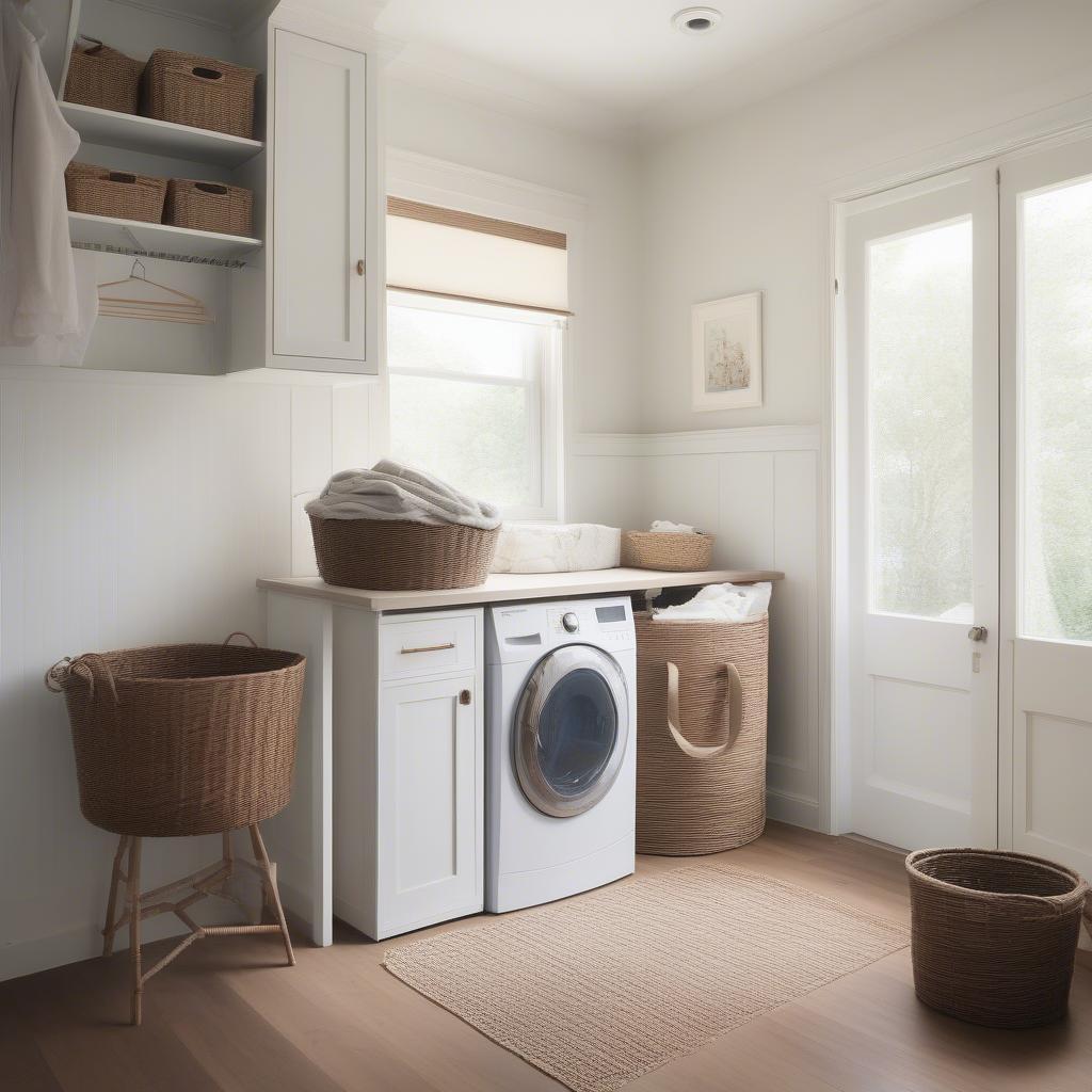 A large wicker laundry basket placed in a laundry room setting.