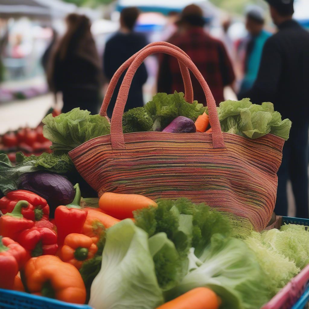 Large woven bag overflowing with fresh produce at a farmers market