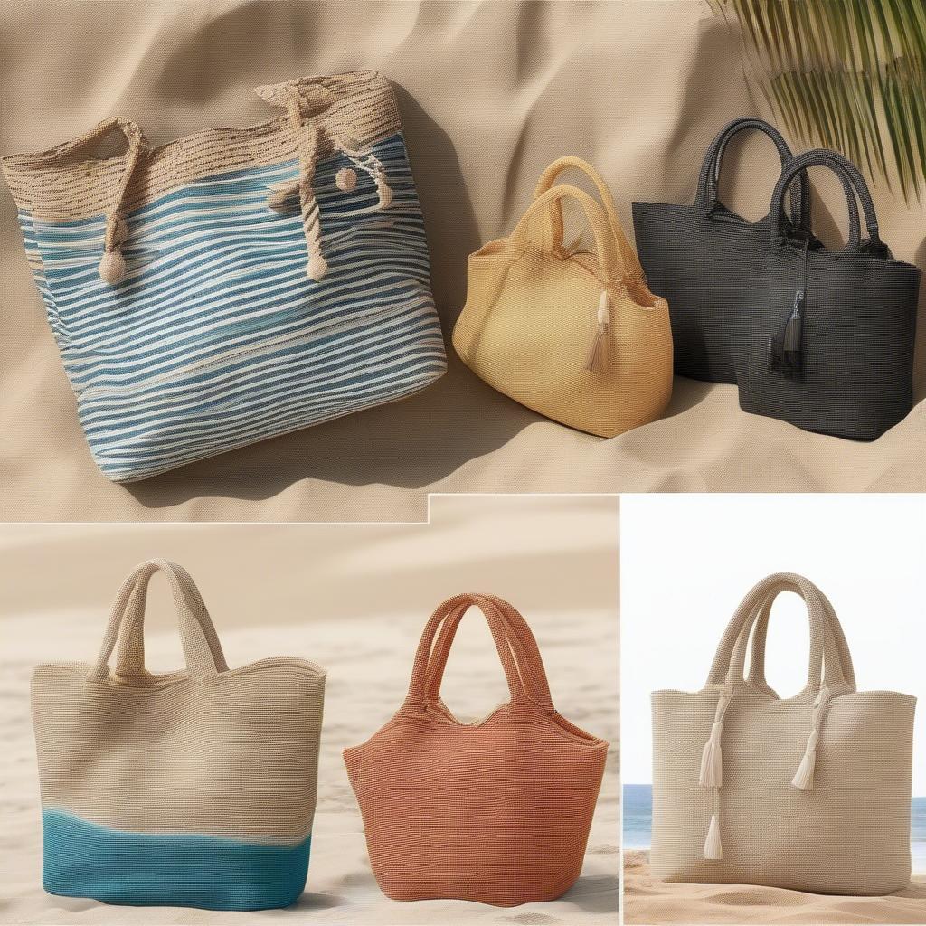 Different styles of large woven beach bags displayed on a sandy beach.