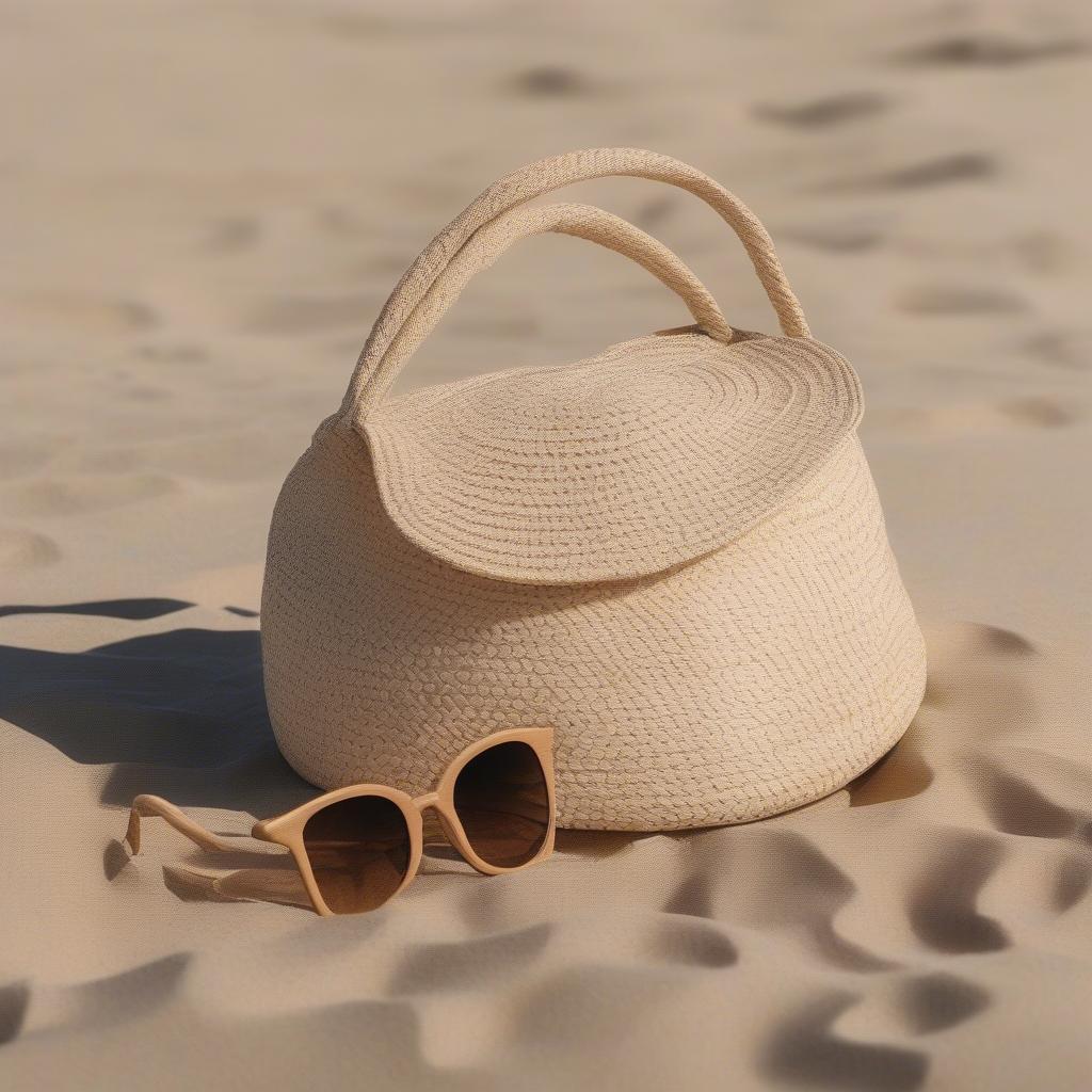 Large woven knot bag on a sandy beach