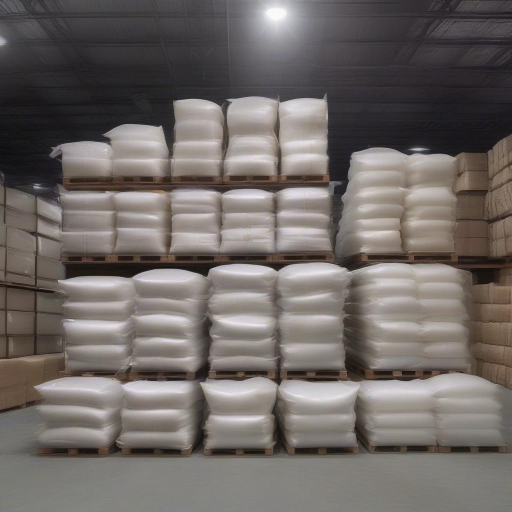 Large woven polypropylene wrapping bags stacked in a warehouse