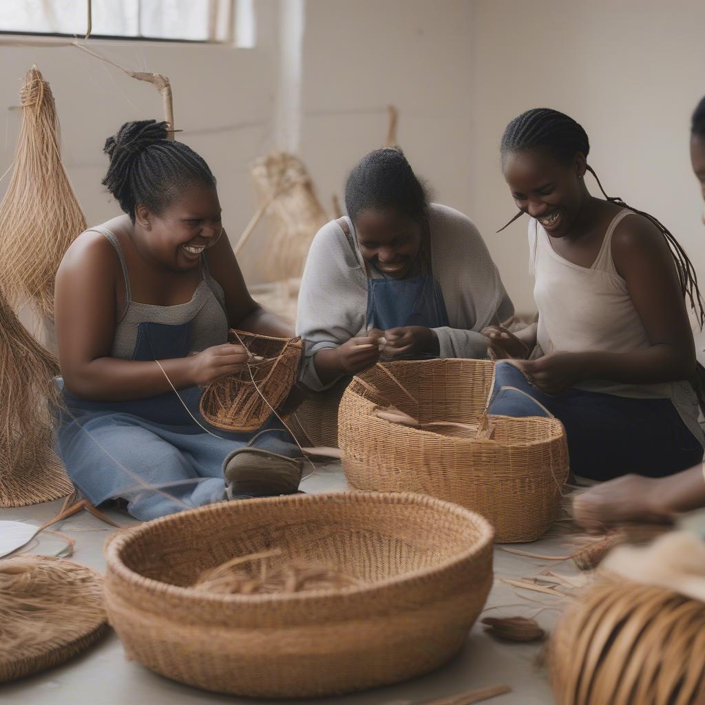 Students Laughing in Basket Weaving Class